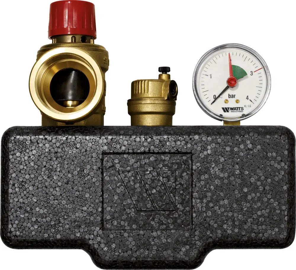 Rotes Sicherheitsventil mit Manometer, montiert auf einer schwarzen Basis, hergestellt von Bosch, zur Drucküberwachung in Heizungsanlagen.